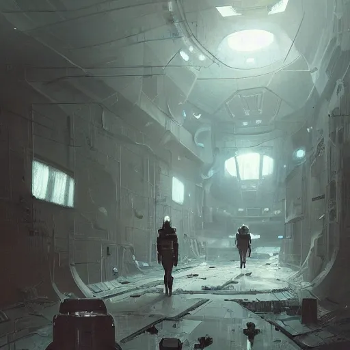 Image similar to concept art by greg rutkowski, three people wearing futuristic space suits, exploring the interior of an abandoned space station, brutalist futuristic interior, dark lighting atmosphere, detailed portraits, scary atmosphere, scifi, digital painting, artstation, concept art, smooth, sharp foccus ilustration, artstation hq