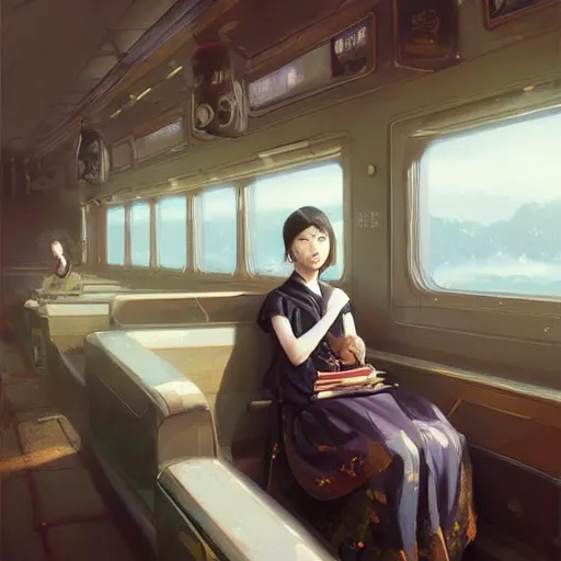 Image similar to luxury advertisement, a highly detailed epic cinematic concept art CG render digital painting artwork of a Chinese schoolgirl sitting in the train. By Greg Rutkowski, Ilya Kuvshinov, WLOP, Stanley Artgerm Lau, Ruan Jia and Fenghua Zhong, trending on ArtStation, made in Maya, Blender and Photoshop, octane render, excellent composition, cinematic atmosphere, dynamic dramatic cinematic lighting, aesthetic, very inspirational, arthouse