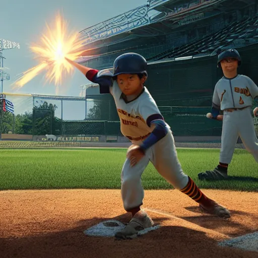 Prompt: a boy hitting a homerun in a baseball game on an idyllic beautiful summer day. Close up. Asian boy with black hair and green eyes. Lens flare. Golden hour. Craig Mullins. Ruan Jia Makoto shinkai.