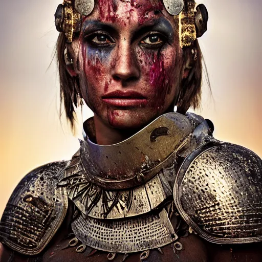 Prompt: head and shoulders portrait of a female knight, tribal armor, bald, smudged face, light blood spatter, detailed face, photography by jimmy nelson, golden hour, jungle