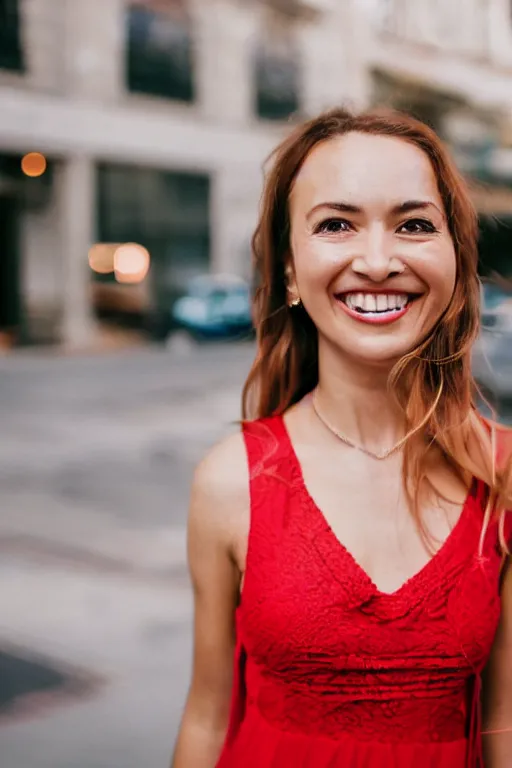 Image similar to blurry close up photo portrait of a smiling pretty woman in a red sleeveless dress, out of focus, street scene