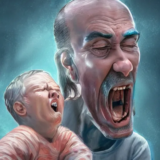 Image similar to Father yelling energetically at his sad little who keeps his head down, exaggerated trending on artstation, hyperdetailed, dramatic, perfect composition