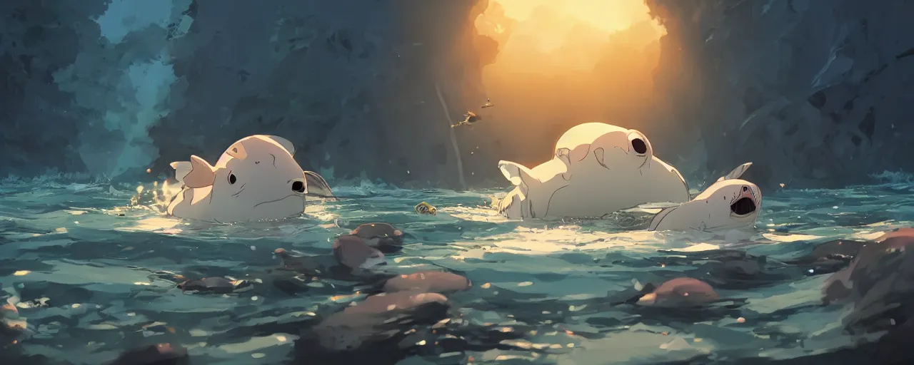 Prompt: piranhas surround a baby harp seal swimming in a tropical river, atey ghailan, goro fujita, studio ghibli, rim light, dark lighting, clear focus, very coherent