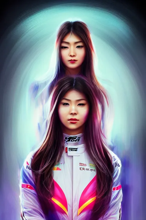 Image similar to portrait beautiful asian female formula one racer, wearing formula one racer uniform, at formula one racing car repair room, ssci-fi, fantasy, intricate, very very beautiful, elegant, human anatomy, neon light, highly detailed, digital painting, artstation, concept art, soft light, smooth, sharp focus, illustration, art and details by Brook Shaden