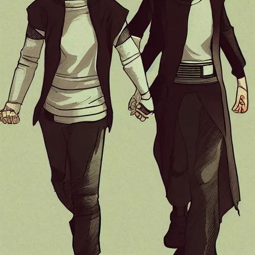 Prompt: rey and kylo ren holding hands, pixiv illustration, digital art