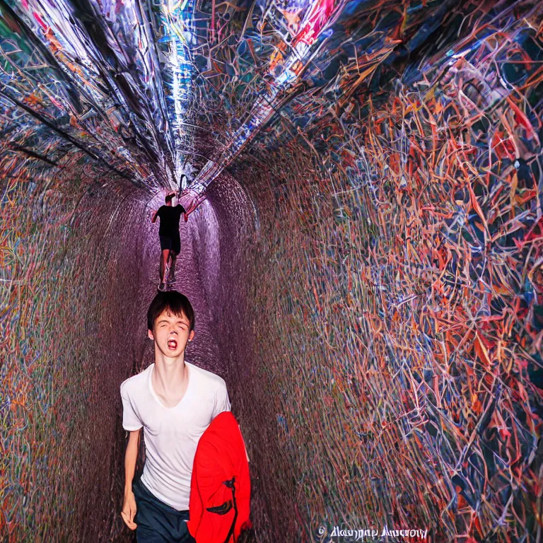 Prompt: terrified young man in a straightjacket running toward you in the Bund Sightseeing Tunnel, Shanghai, China by Alex Grey and Jeffrey Smith