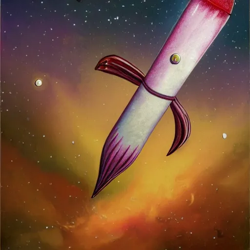 Image similar to a flesh - colored rocket launching into the orchid galaxy