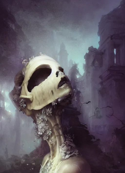 Image similar to close up of a veiled half scull mask girl on the ruins temple, smog on the floor, extremely beautiful and aesthetic and attractive detailed face and body, chiaroscuro, dynamic pose, fantasy illustrations, by makoto shinkai and jeremy lipking and ferdinand knab