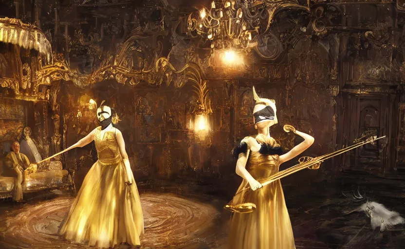 Image similar to craig mullins and ghibli digital art of on the stage of the theater, a masked female violinist performs alone, dressed in exotic costumes, gold jewelry, and black hair realistic shading, cinematic composition, realistic render, octane render, detailed textures, photorealistic, wide shot