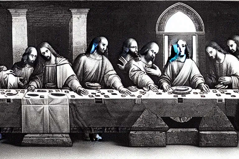 Image similar to programmer jesus christ programming a computer during the last supper by leonardo davinci