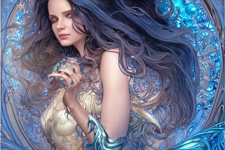 Image similar to a pretty woman with glowing blue eyes and hair made of liquid metal surrounded by an environment designed by Joe Fenton, fog, volumetric lighting, intricate, elegant, highly detailed, digital painting, artstation, concept art, smooth, sharp focus, art nouveau, art by artgerm and raymond swanland and alphonse mucha