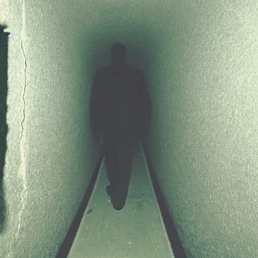 Image similar to a tall man shadow waiting at the end of a tunnel at night, found footage, 8 mm