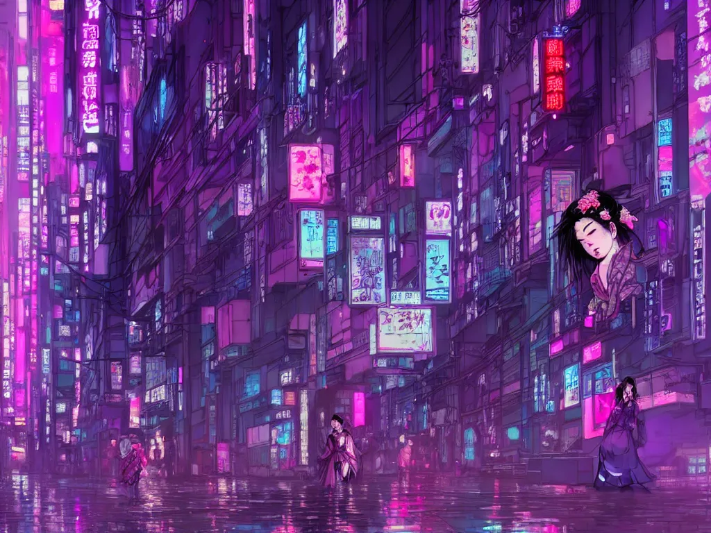 Image similar to high detailed lone dead geisha in a cyberpunk rainy city at night by Josan Gonzalez, purple and pink and blue neons, unreal engine, high quality, 4K, UHD, trending on ArtStation, wires, blade runner vibes, ghost in the shell, akira, dorohedoro