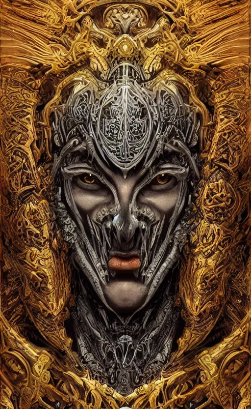 Image similar to Elden Ring themed painting of hybrid majestic aztec warrior fantasy biomechanical human beautiful immortal angel symmetrical face angry mask closeup face breathing mask tattoo pattern golden ratio concept, deep forest psytrance Neo-Gothic concept, infinity glyph waves, intricate artwork masterpiece, very coherent artwork, cinematic, full frontal facial features by Artgerm, Takato Yamamoto, Zdizslaw Beksinski, Johnatan Wayshak, Moebius, Ayami Kojima, very coherent artwork, trending on cgsociety, ultra high quality model, production quality cinema model, high detail chromatic ink outline, octane render, unreal engine 8k, hyper realism, high detail, octane render, unreal engine, 8k, High contrast