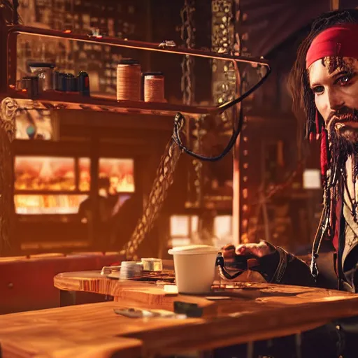 Prompt: a high quality portrait of a pirate in a cyberpunk cafe realism 8k