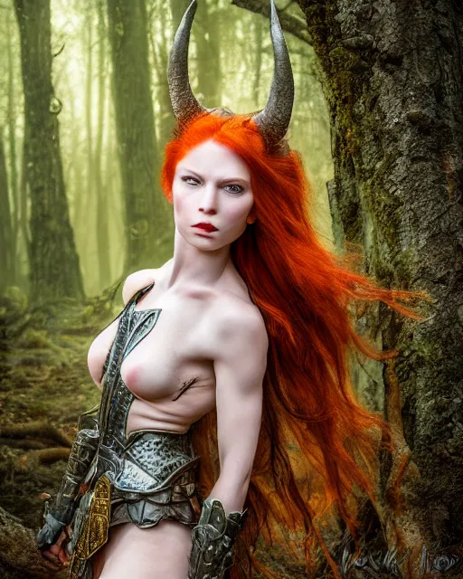 Image similar to 5 5 mm portrait photo of an armored redhead woman warrior, and horns growing from her head, in a magical forest. by luis royo. highly detailed 8 k. intricate. lifelike. soft light. nikon d 8 5 0. cinematic post - processing