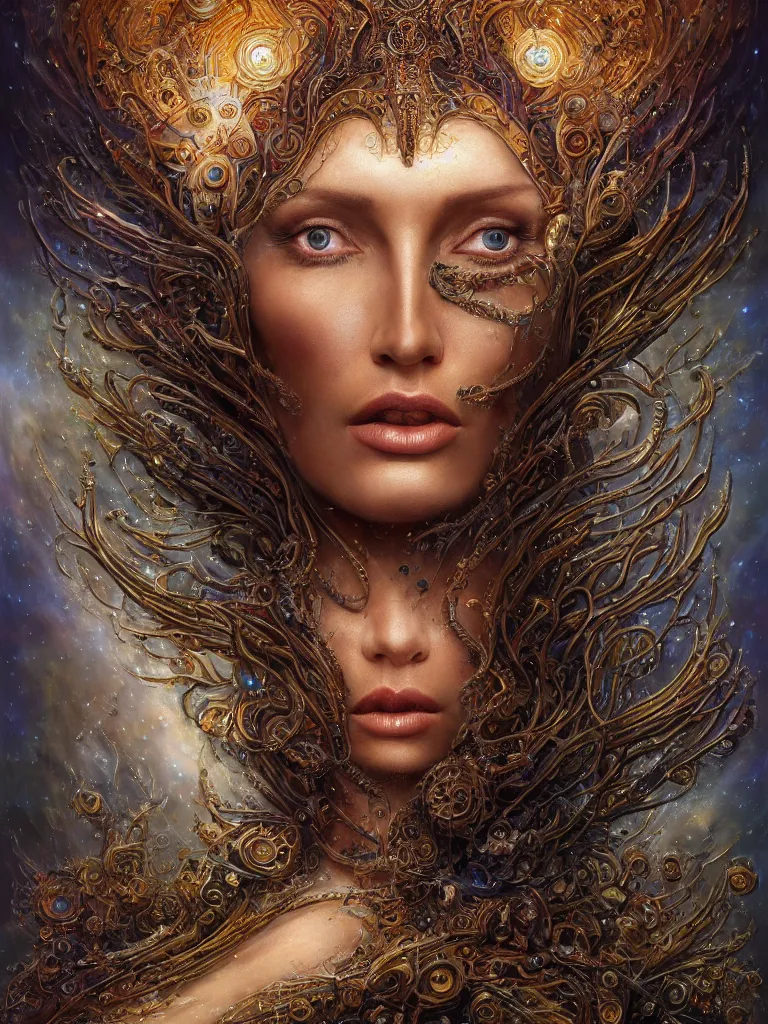 Image similar to single face portrait. very complex hyper-maximalist overdetailed cinematic cosmic scifi portrait of an elegant very attractive goddess of the universe by andrei riabovitchev, tomasz alen kopera, oleksandra shchaslyva. Omnious intricate. Secessionist portrait illustration. Goddess of the sky. Focus on face. Artstation. Deviantart. 8k 4k 64megapixel. Rendered by binx.ly.