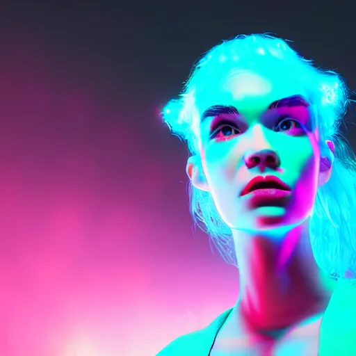 Prompt: grimes on stage djing, volumetric neon lights in the background, gleaming, 3 5 mm photography, portrait!!!!!!, trending on artstation, 4 k, 8 k, zbrush, mannerism