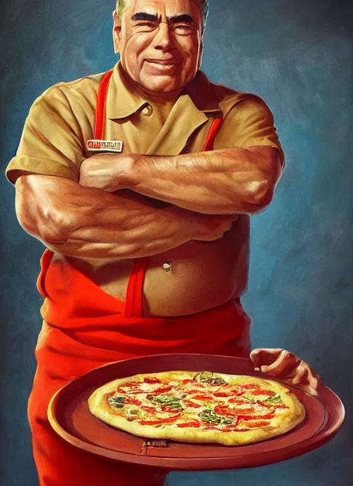 Prompt: brezhnev 7 0 years old, cooking pizza, portrait by greg hildebrandt, studio lighting, muted colors, by terry richardson, by frank frazetta, extreme detail, reflections, trending on artstation, 8 k