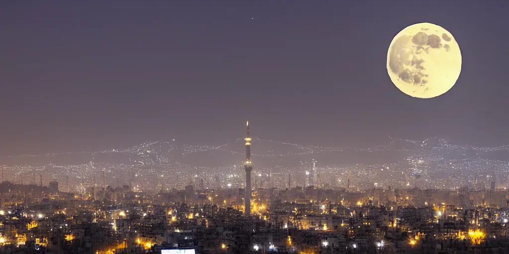 Image similar to tehran skyline in a winter night, full moon and a dragon in the sky