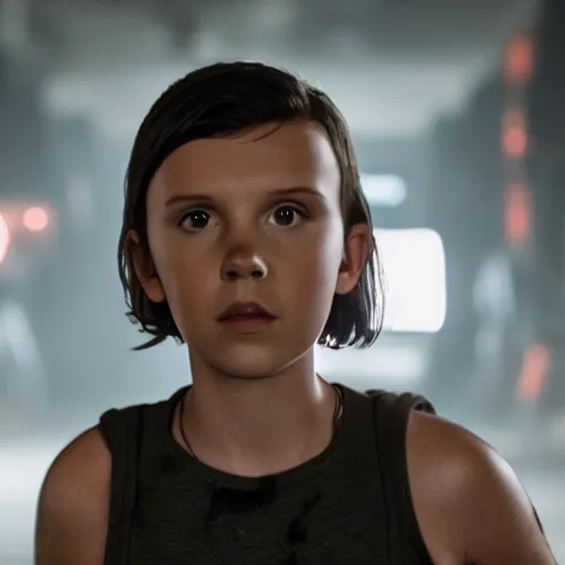 Image similar to Millie Bobby Brown as the Terminator, movie still, dramatic, dark, bloody, doomsday