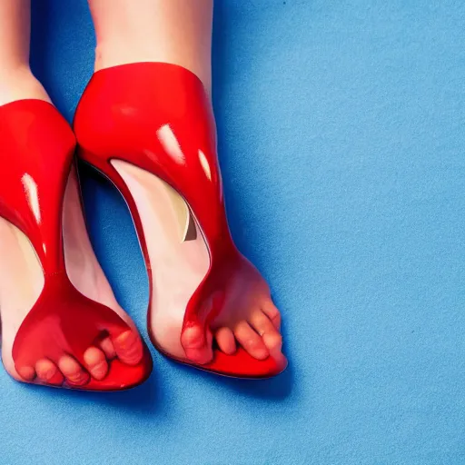 Image similar to studio photograph of a pair of beautiful open toe heels, red color scheme, vivid lighting, photorealist, 4 k