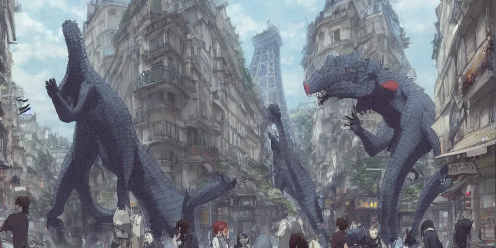 Prompt: gozilla walking through paris, by makoto shinkai an krenz cushart