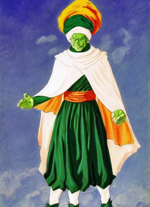 Prompt: turban and shoulder pads with cape wearing john paul ii as piccolo from dragon ball z by claude monet