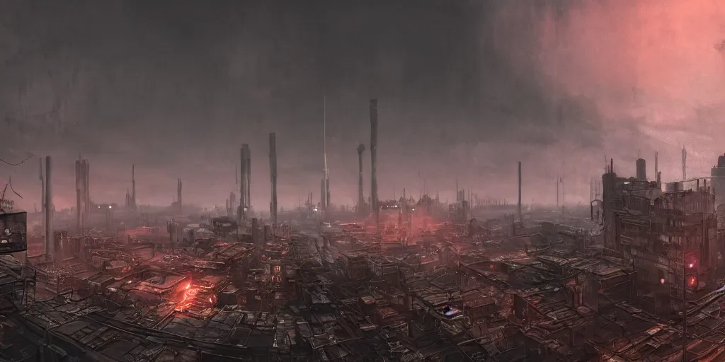 Prompt: Panorama detailed heavy industrial post-apocalyptic cyberpunk city highly detailed with torch lights in the distance, dusk, massive crater in the center of the city, grime, dark, sci-fi, science, industry, realistic, in the style of grandfailure, Tithi Luadthong, dynamic dramatic dark moody lighting,shadows,cinematic atmosphere,Artstation,concept design art,Octane render,8K