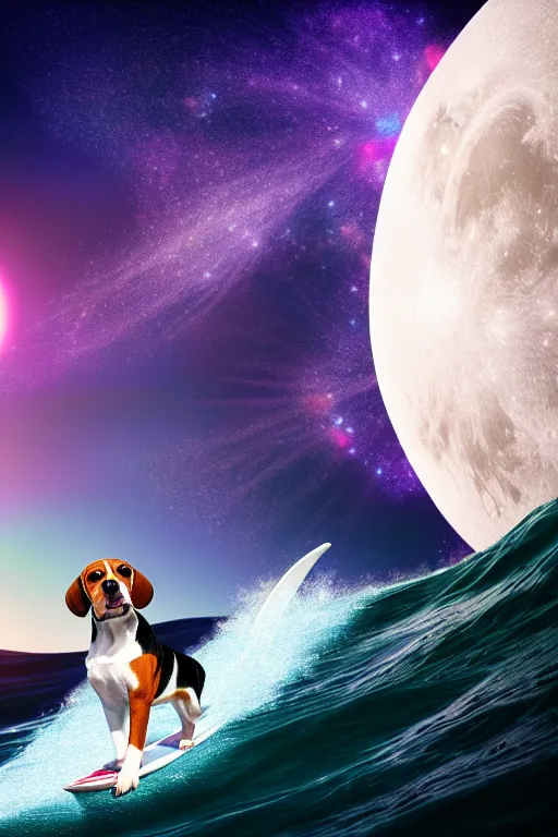 Image similar to beagle dog surfing a surfboard on a sparkly crashing wave of stardust in space, background is a moon in nebula, octane render, unreal engine, wide view, 8 k, highdetaild