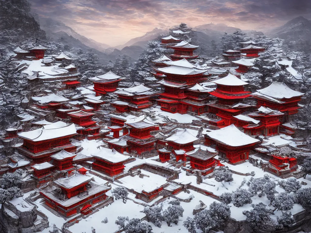 Image similar to shaolin monastery on snowy mountain, concept art, digital art, neon, 8 k, sad, yin yang, incandescent, cinematic lighting, ray tracing ambient occlusion, in a symbolic and meaningful style, insanely detailed and intricate, hypermaximalist, elegant, ornate, hyper realistic, super detailed