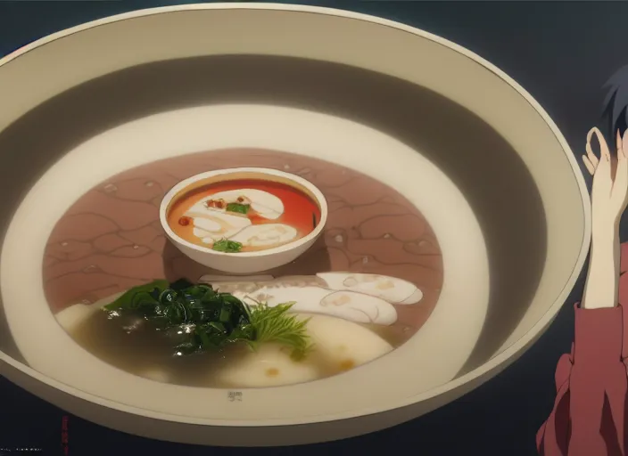 Image similar to a film still portrait of a bowl with miso soup, finely detailed features, closeup at the food, perfect art, at a dinner table, gapmoe yandere grimdark, trending on pixiv fanbox, painted by greg rutkowski makoto shinkai takashi takeuchi studio ghibli, akihiko yoshida