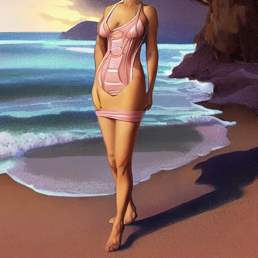 Image similar to full body portrait of addison rae wearing a skintight dress in a beach, large thighs, intricate, elegant, highly detailed, digital painting, artstation, smooth, sharp focus, illustration, art by artgerm and greg rutkowski and alphonse mucha, 8 k