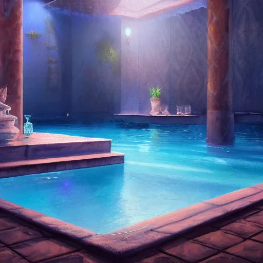 Prompt: a glistening pool, dramatic lighting, oil painting, pale colors, high detail, 8 k, wide angle, trending on artstation,