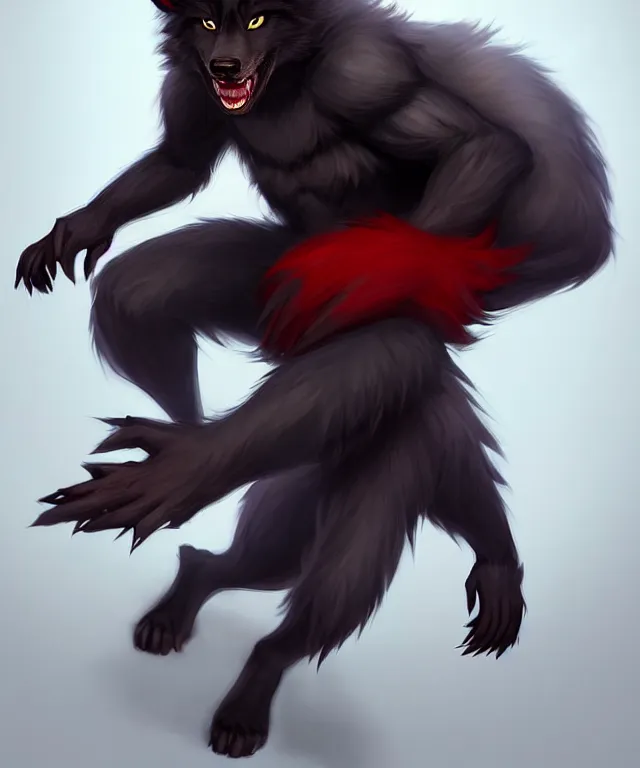 Image similar to character concept art of a black anthropomorphic male furry wolf long red hair | | cute - fine - face, pretty face, key visual, realistic shaded perfect face, fine details by stanley artgerm lau, wlop, rossdraws, james jean, andrei riabovitchev, marc simonetti, and sakimichan, trending on artstation