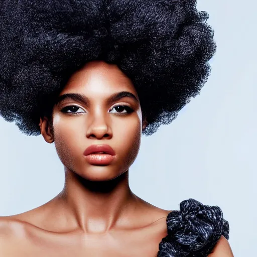 Image similar to close up of face of a black fashion model with large afro, gta editorial of vogue magazine, highly detailed