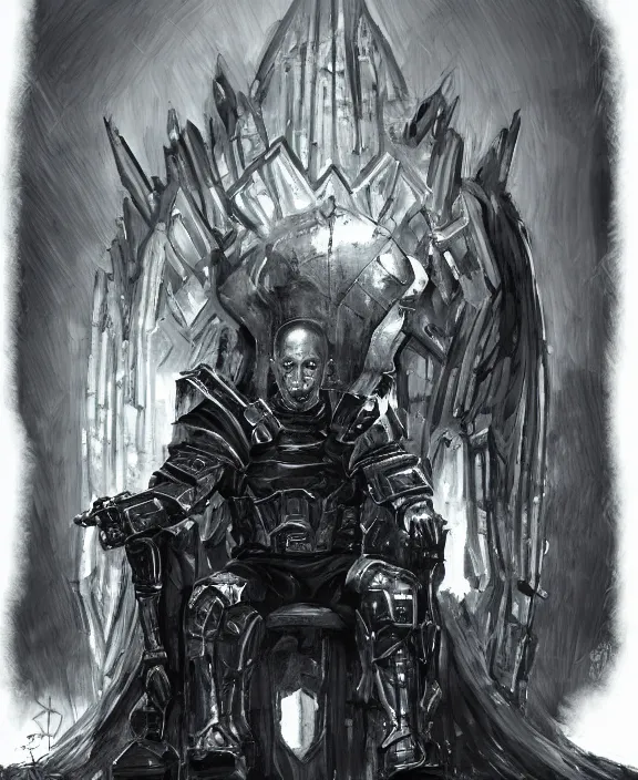 Image similar to a grimdark fantasy concept art portrait of jeff bezos sitting on a dark and evil throne