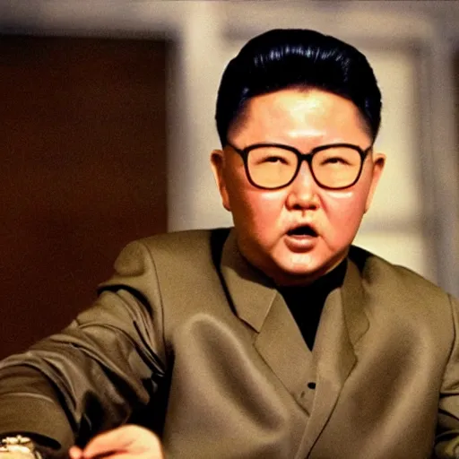 Image similar to Kim Jong-il in the role of James Bond, action filmstill, 1960s spy, Walther PPK, iconic James Bond shot