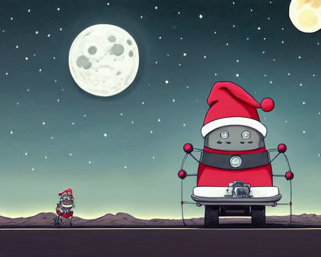 Prompt: a cell shaded cartoon grey santa robot, with a big head, on a desert road, wide shot, in front of a big moon, muted colors, post grunge, josan gonzales, wlop, by james jean, victor ngai, hq, deviantart, art by artgem