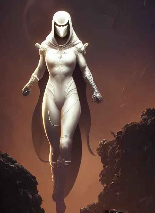 Image similar to female moon knight, hyper detailed, digital art, trending in artstation, cinematic lighting, studio quality, smooth render, unreal engine 5 rendered, octane rendered, art style by klimt and nixeu and ian sprigger and wlop and krenz cushart