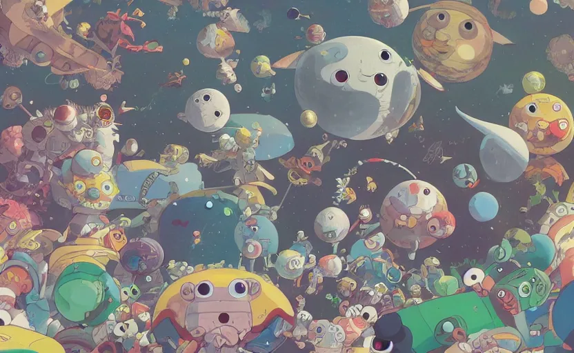 Prompt: cute mascot space demons, cartoon Digital painting, detailed, beautiful brush stroke rendering, by Beeple, by Hayao Miyazaki, by Takashi Murakami, by Masahiro Ito, 4k wallpaper