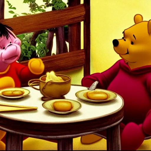 Prompt: winnie the pooh and tedy bear are eating noodles in movie called in the mood for love ( 2 0 0 0 ), frida style, under a soft light, photo.