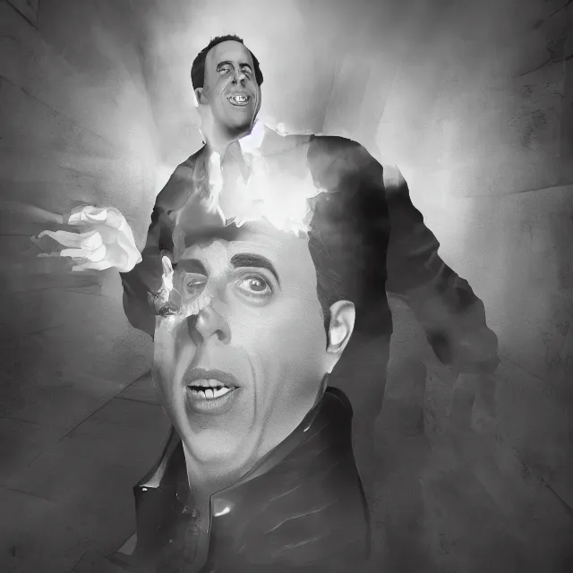 Image similar to jerry seinfeld reimagined as a boss in dark souls, dark cinematic, volumetric, realistic, cinematic lighting, ray tracing, unreal engine 5, unreal engine render, octane render, hyper realistic, photo, 8 k