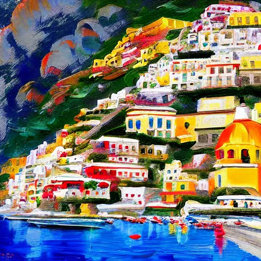 Prompt: fantastic across Positano Italy painted with a palette knife