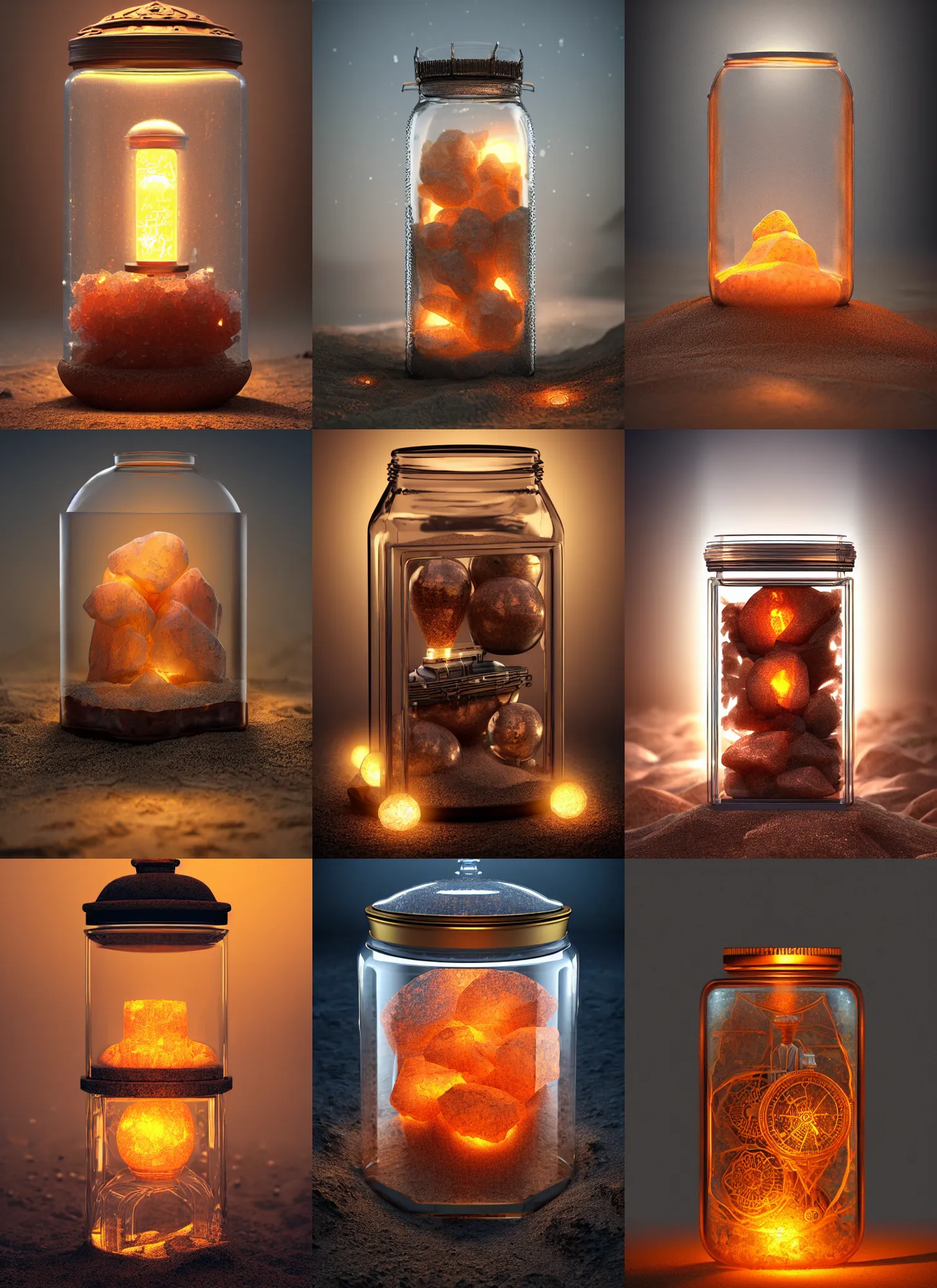 Prompt: steampunk himalayan rocksalt lamp inside a glass jar half - buried in sand, intricate detail, hyper detailed, ultra realistic, sharp focus, octane render, lantern, volumetric, ray tracing, artstation trending, moon, cgsociety, sense of awe, swirling mist, moon, 4 k