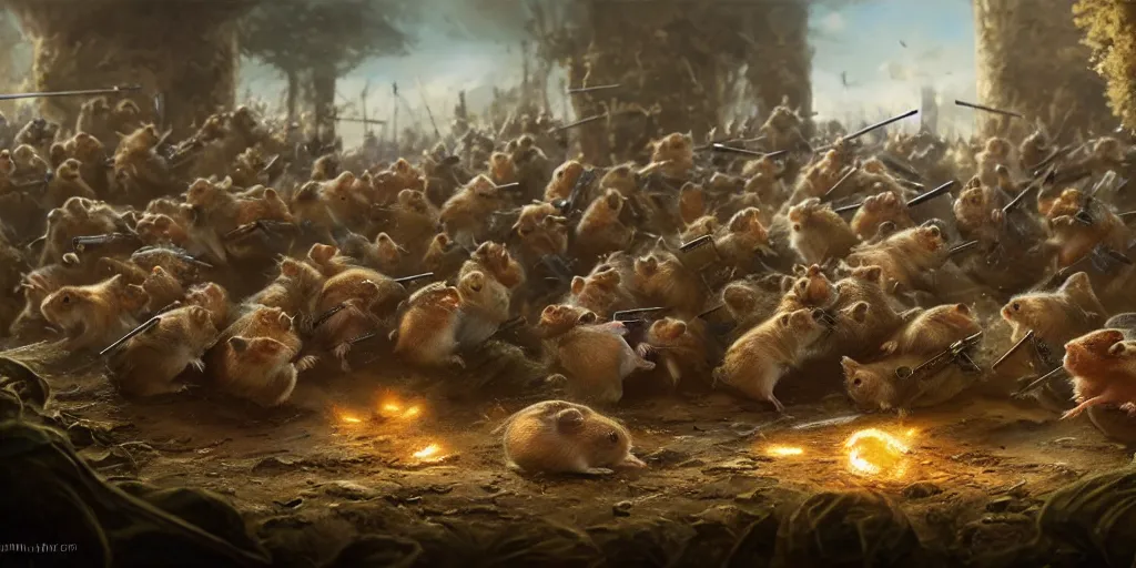 Image similar to highly detailed image of hamsters in a battle, hamsters, hamsters holding rifles, stephen bliss, unreal engine, fantasy art by greg rutkowski, global illumination, radiant light, detailed and intricate environment