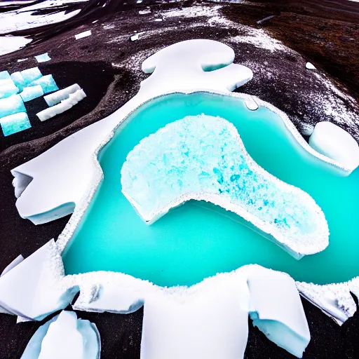 Prompt: top down view of iceland country ice sculpture surrounded by ocean made out of hot lava