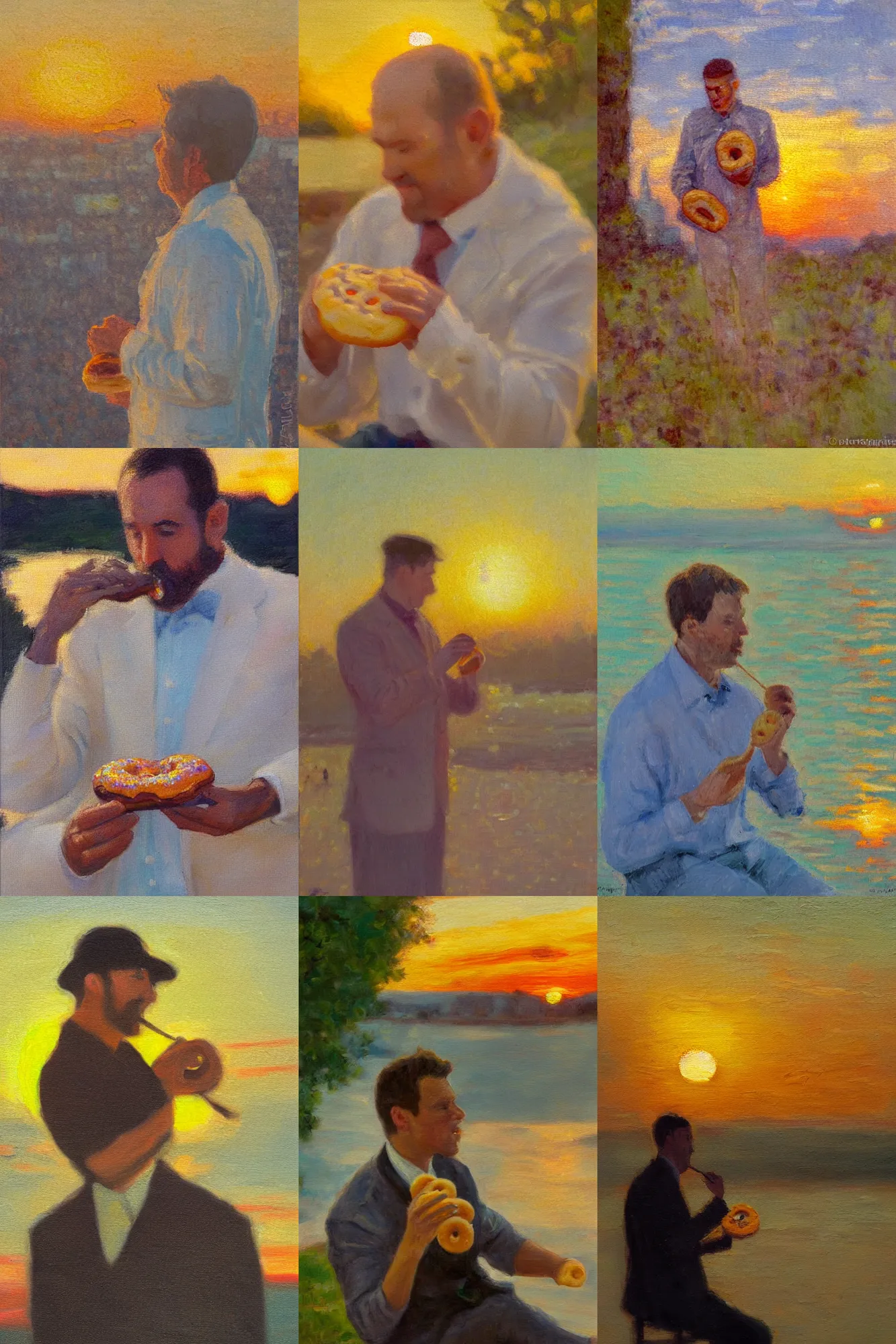 Prompt: An impressionist oil painting of a man eating a doughnut in the sunset