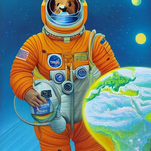 Image similar to beautiful detailed painting of a capybara astronaut in a spacesuit floating above earth by casey weldon by mark ryden by thomas blackshear