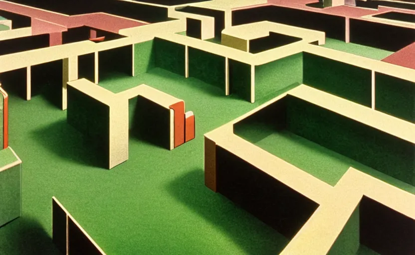 Image similar to huge sprawling gargantuan angular dimension of infinite indoor landscape 7 0 s green velvet and wood with metal office furniture. surrealism, mallsoft, vaporwave. muted colours, 7 0 s office furniture catalogue, shot from above, endless, neverending epic scale by escher and ricardo bofill